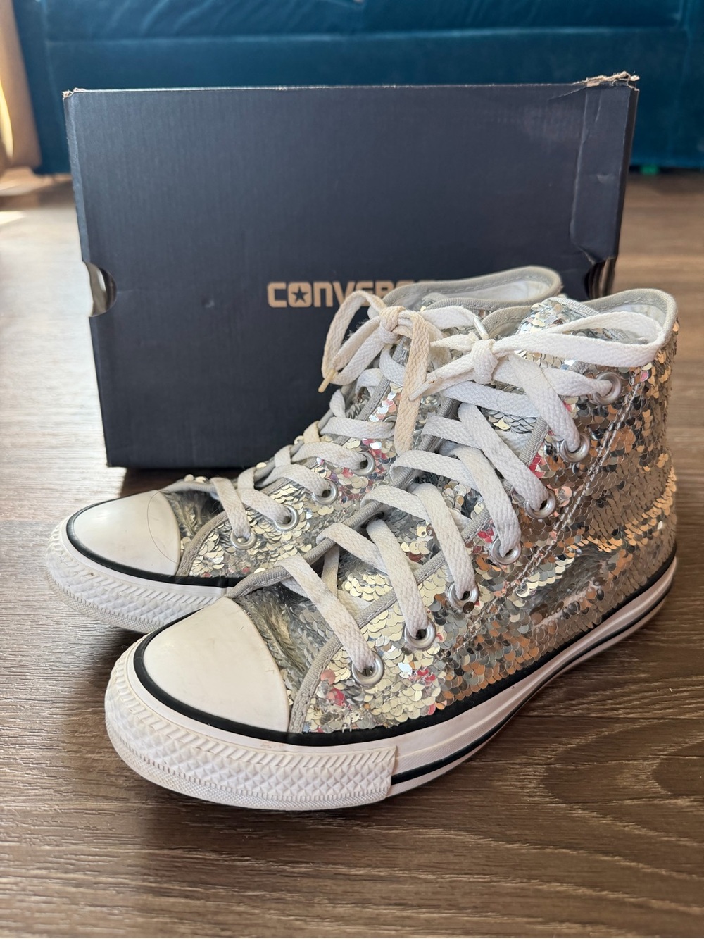 Converse All Star Chuck Taylor Silver Sequin High Top Sneakers Size 6